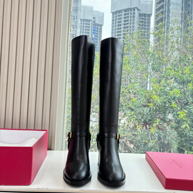 VALENTINO 25S HIGH-CUT SIGNATURE LOGO BOOTS 60 MM IN BLACK CALFSKIN WITH GOLD HARDWARE