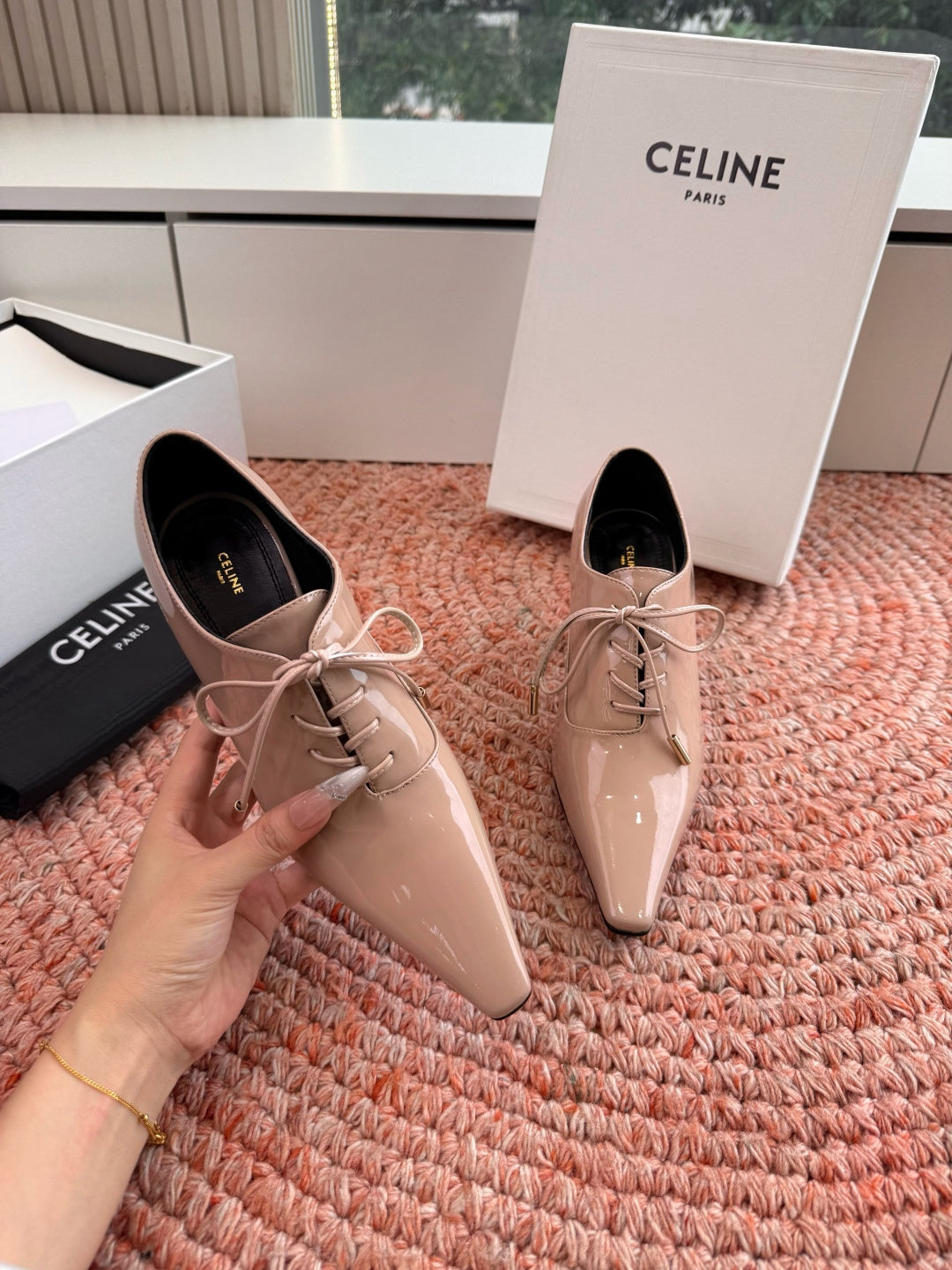 CELINE 26S LACE UP POINTED TOE PUMPS IN BLUSH NUDE PATENT CALFSKIN