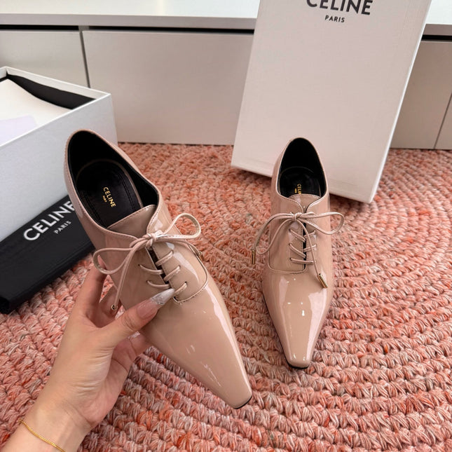 CELINE 26S LACE UP POINTED TOE PUMPS IN BLUSH NUDE PATENT CALFSKIN