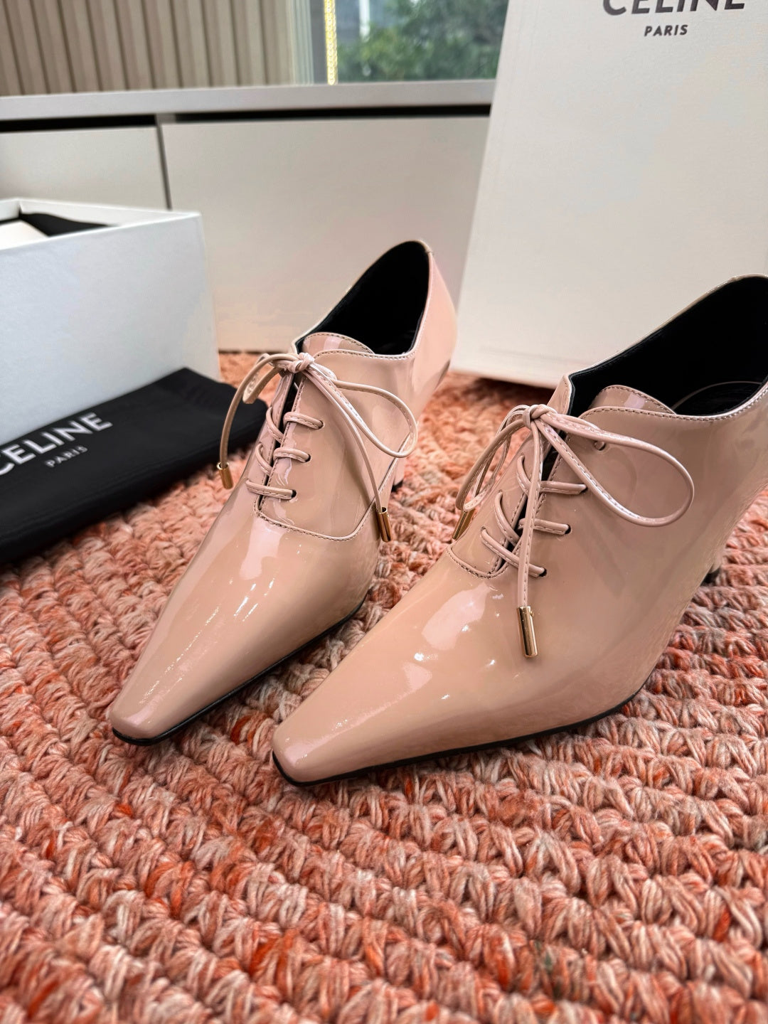 CELINE 26S LACE UP POINTED TOE PUMPS IN BLUSH NUDE PATENT CALFSKIN