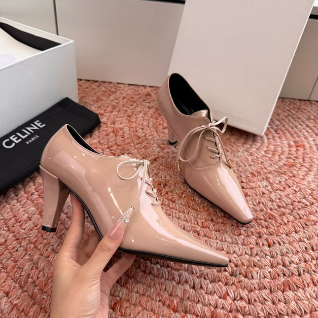 CELINE 26S LACE UP POINTED TOE PUMPS IN BLUSH NUDE PATENT CALFSKIN