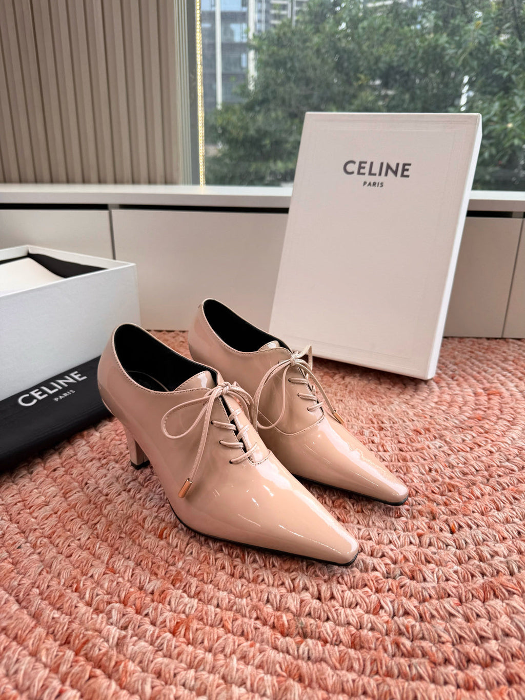 CELINE 26S LACE UP POINTED TOE PUMPS IN BLUSH NUDE PATENT CALFSKIN