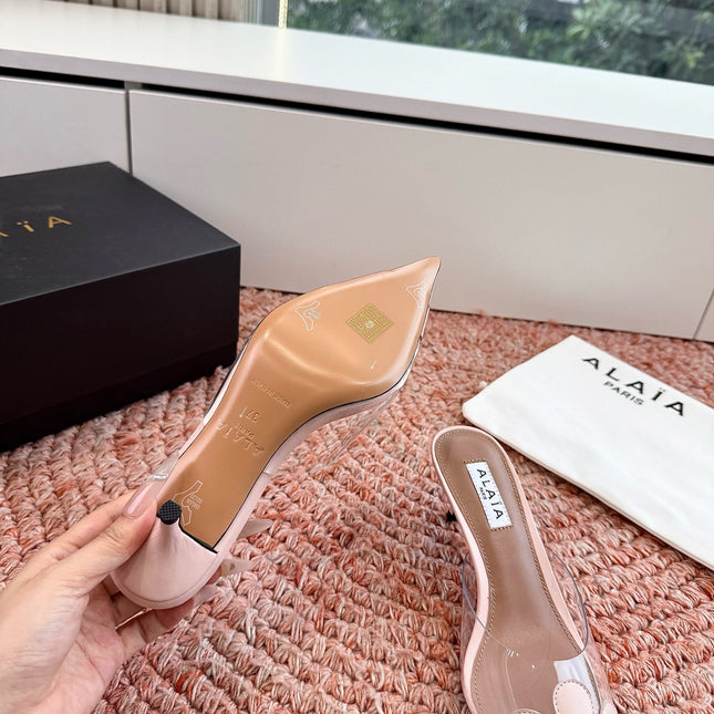 ALAIA 26S POINTED-TOE MULE HEELS IN NUDE PINK LAMBSKIN AND TRANSPARENT PVC