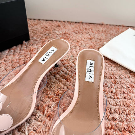 ALAIA 26S POINTED-TOE MULE HEELS IN NUDE PINK LAMBSKIN AND TRANSPARENT PVC