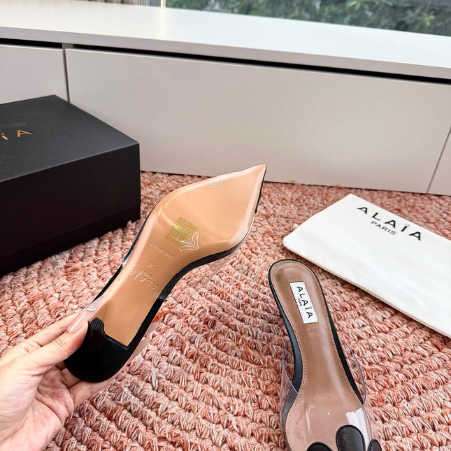 ALAIA 26S POINTED-TOE MULE HEELS IN BLACK LAMBSKIN AND TRANSPARENT PVC