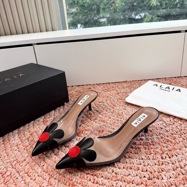 ALAIA 26S POINTED-TOE MULE HEELS IN BLACK LAMBSKIN AND TRANSPARENT PVC