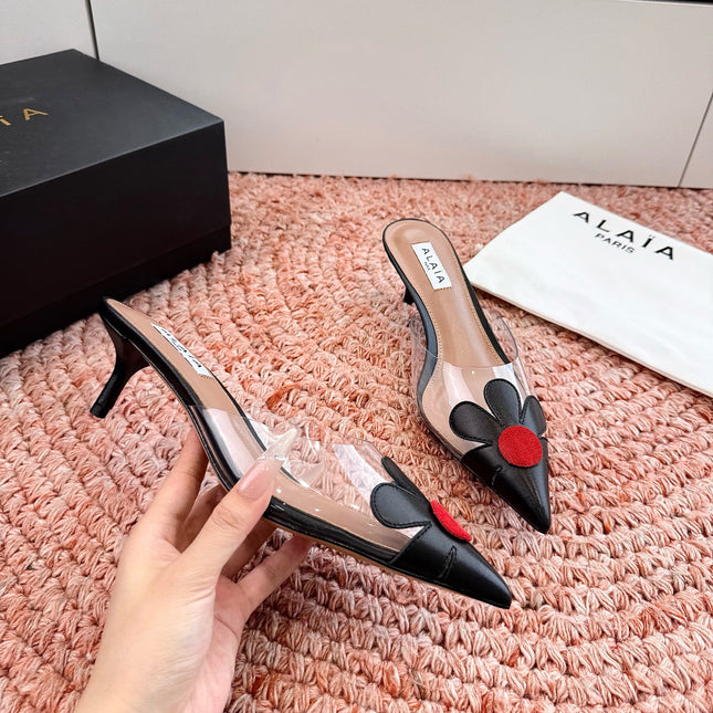 ALAIA 26S POINTED-TOE MULE HEELS IN BLACK LAMBSKIN AND TRANSPARENT PVC