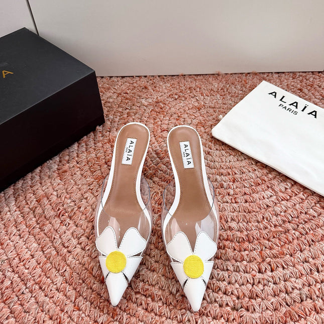 ALAIA 26S MULE HEELS IN WHITE LAMBSKIN AND TRANSPARENT PVC