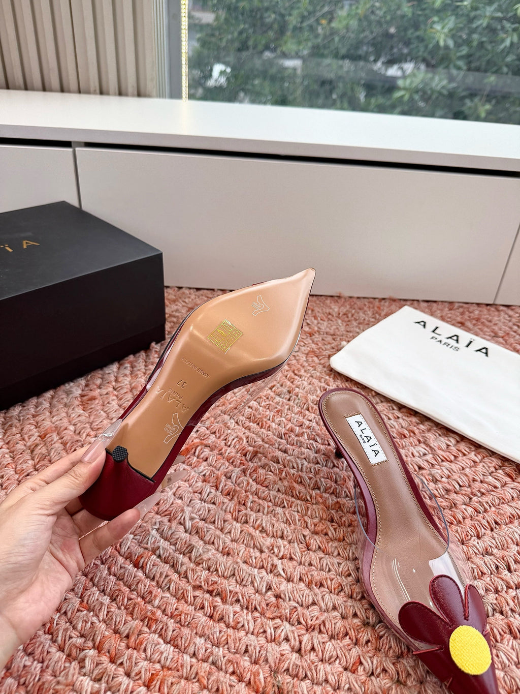ALAIA 26S POINTED-TOE MULE HEELS IN DARK RED LAMBSKIN AND TRANSPARENT PVC