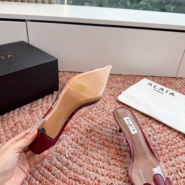 ALAIA 26S POINTED-TOE MULE HEELS IN DARK RED LAMBSKIN AND TRANSPARENT PVC