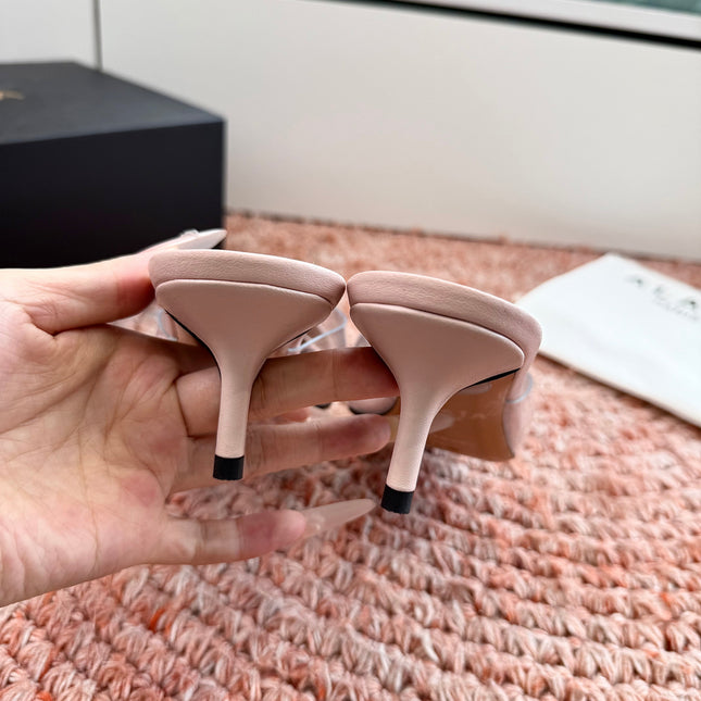 ALAIA 26S MULE HEELS IN NUDE PINK LAMBSKIN AND TRANSPARENT PVC