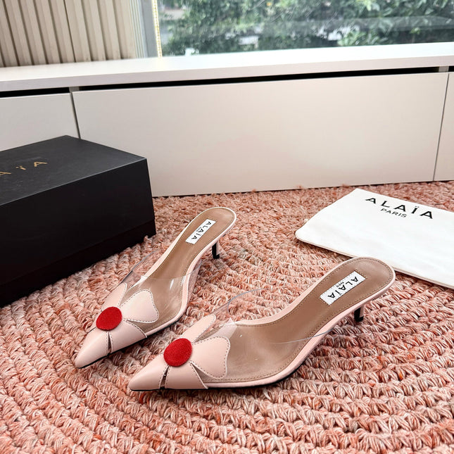 ALAIA 26S MULE HEELS IN NUDE PINK LAMBSKIN AND TRANSPARENT PVC
