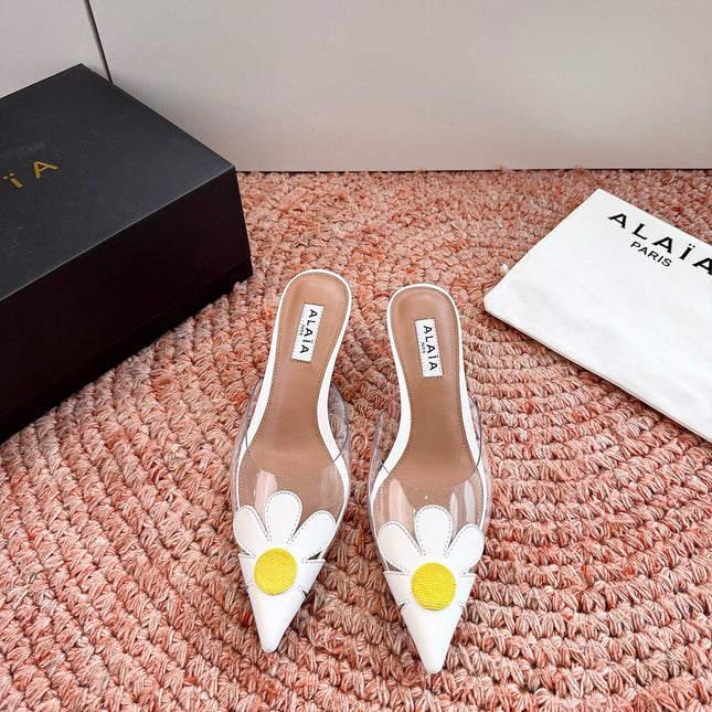 ALAIA 26S POINTED-TOE MULE HEELS IN WHITE LAMBSKIN AND TRANSPARENT PVC