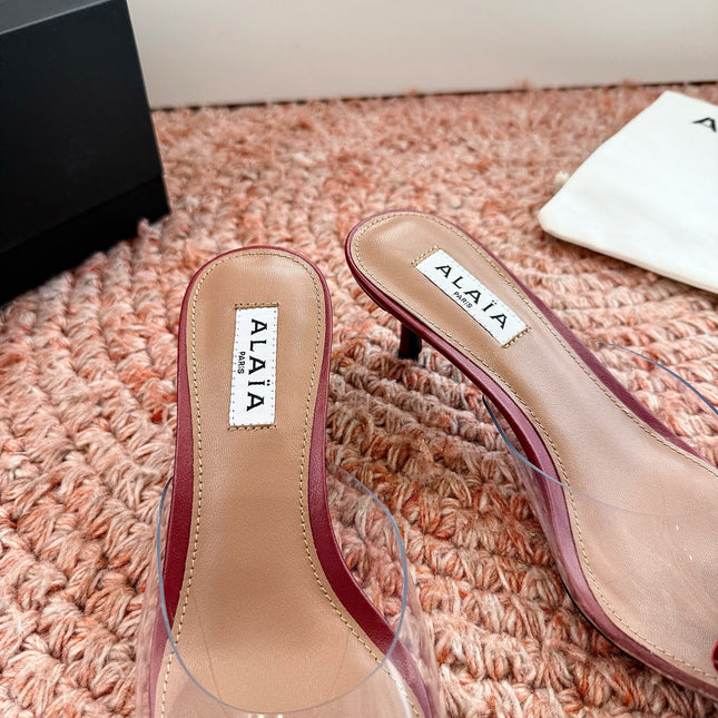 ALAIA 26S MULE HEELS IN DARK RED LAMBSKIN AND TRANSPARENT PVC