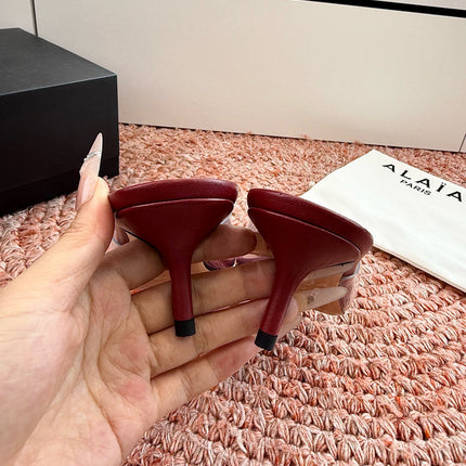 ALAIA 26S MULE HEELS IN DARK RED LAMBSKIN AND TRANSPARENT PVC