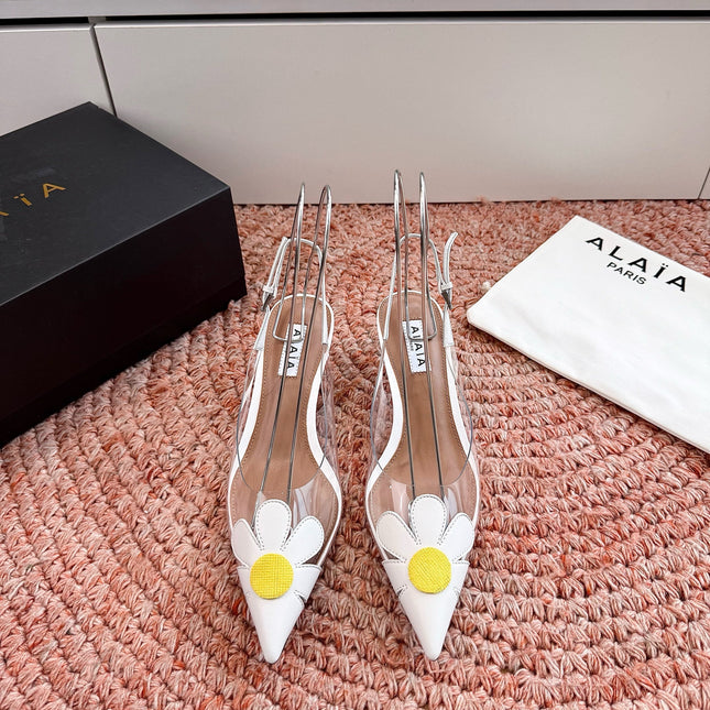 ALAIA 26S POINTED-TOE SLINGBACK HEELS IN WHITE LAMBSKIN AND TRANSPARENT PVC