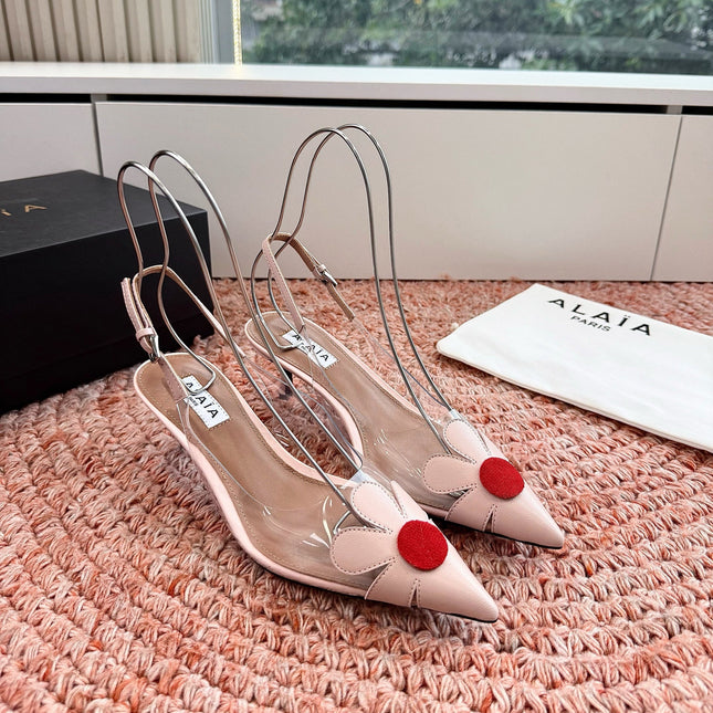 ALAIA 26S POINTED-TOE SLINGBACK HEELS IN NUDE PINK LAMBSKIN AND TRANSPARENT PVC