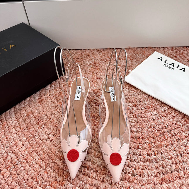 ALAIA 26S POINTED-TOE SLINGBACK HEELS IN NUDE PINK LAMBSKIN AND TRANSPARENT PVC