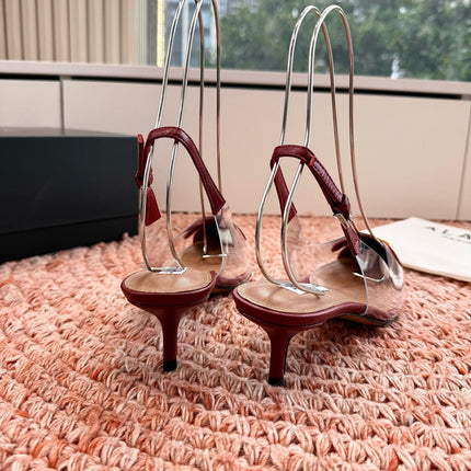 ALAIA 26S POINTED-TOE SLINGBACK HEELS IN DARK RED LAMBSKIN AND TRANSPARENT PVC