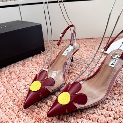 ALAIA 26S POINTED-TOE SLINGBACK HEELS IN DARK RED LAMBSKIN AND TRANSPARENT PVC