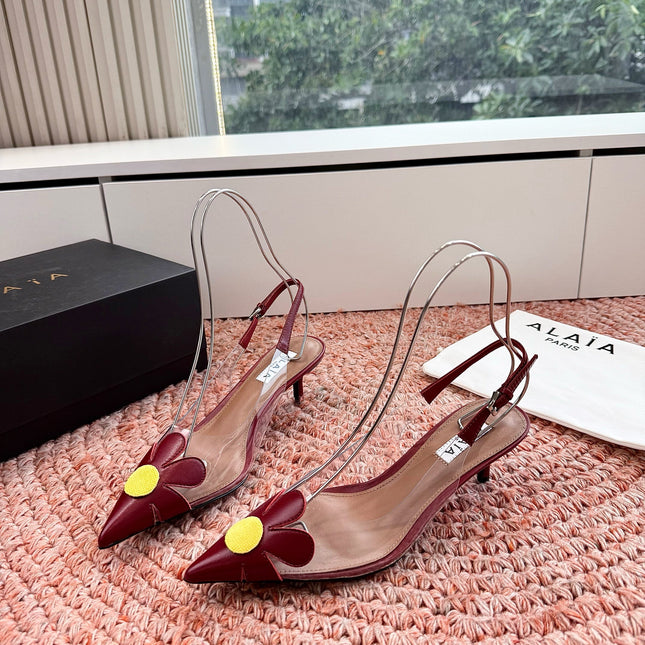 ALAIA 26S POINTED-TOE SLINGBACK HEELS IN DARK RED LAMBSKIN AND TRANSPARENT PVC
