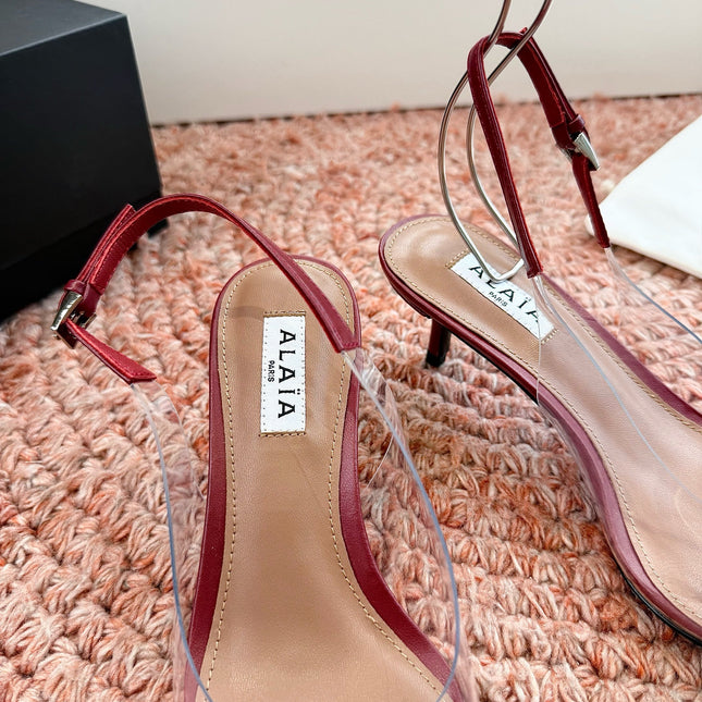 ALAIA 26S POINTED-TOE SLINGBACK HEELS IN DARK RED LAMBSKIN AND TRANSPARENT PVC