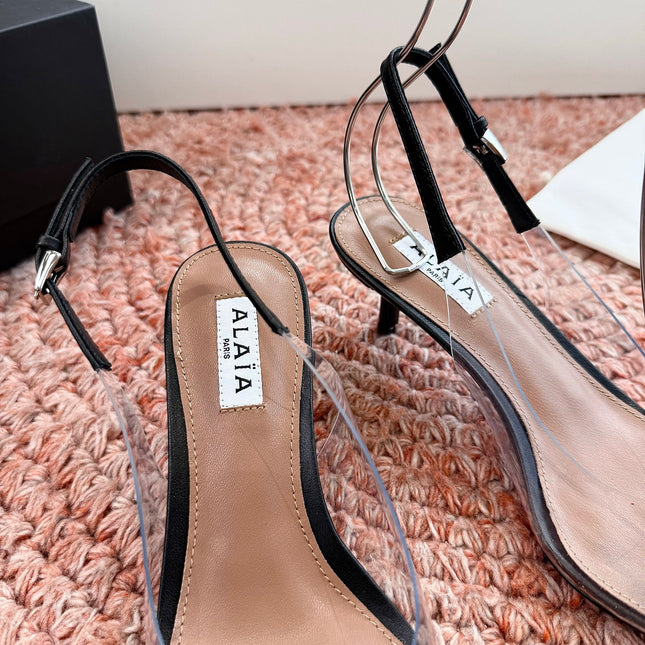 ALAIA 26S SLINGBACK HEELS IN BLACK LAMBSKIN AND TRANSPARENT PVC