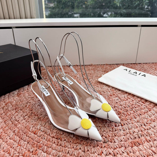 ALAIA 26S SLINGBACK HEELS IN WHITE LAMBSKIN AND TRANSPARENT PVC