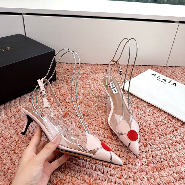 ALAIA 26S SLINGBACK HEELS IN NUDE PINK LAMBSKIN AND TRANSPARENT PVC