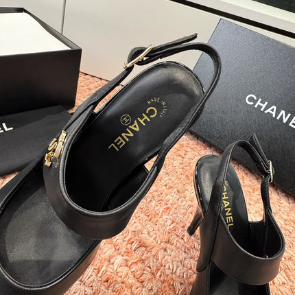 CHANEL 26S SQUARE TOE HIGH HEELS SLINGBACKS IN BLACK CALFSKIN