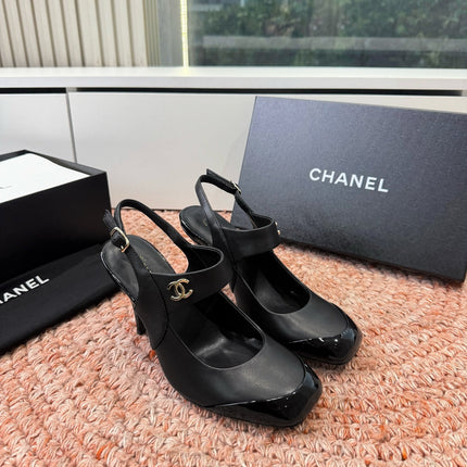 CHANEL 26S SQUARE TOE HIGH HEELS SLINGBACKS IN BLACK CALFSKIN