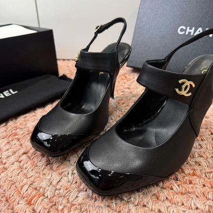 CHANEL 26S SQUARE TOE HIGH HEELS SLINGBACKS IN BLACK CALFSKIN