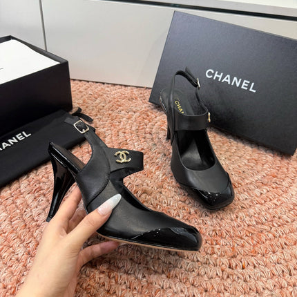 CHANEL 26S SQUARE TOE HIGH HEELS SLINGBACKS IN BLACK CALFSKIN
