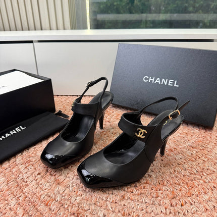 CHANEL 26S SQUARE TOE HIGH HEELS SLINGBACKS IN BLACK CALFSKIN