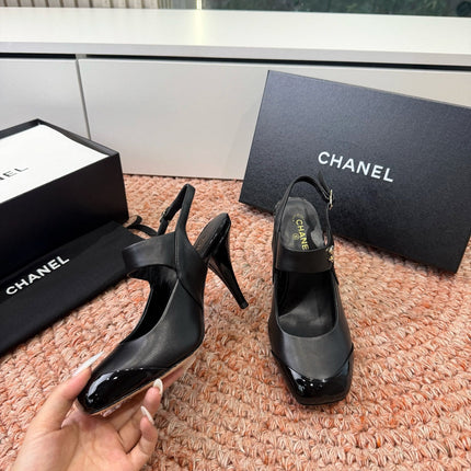 CHANEL 26S SQUARE TOE HIGH HEELS SLINGBACKS IN BLACK CALFSKIN
