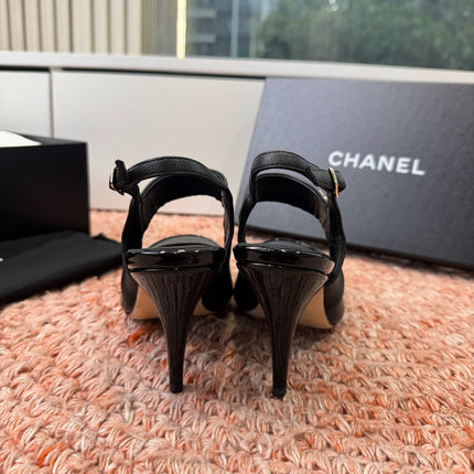 CHANEL 26S SQUARE TOE HIGH HEELS SLINGBACKS IN BLACK CALFSKIN