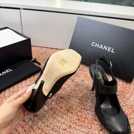 CHANEL 26S SQUARE TOE HIGH HEELS SLINGBACKS IN BLACK CALFSKIN
