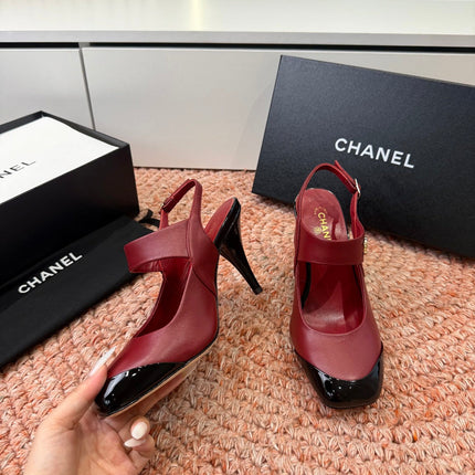 CHANEL 26S SQUARE TOE HIGH HEELS SLINGBACKS IN RED LAMBSKIN WITH BLACK TOE