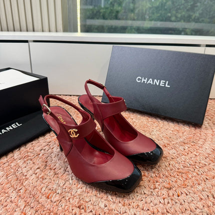 CHANEL 26S SQUARE TOE HIGH HEELS SLINGBACKS IN RED LAMBSKIN WITH BLACK TOE