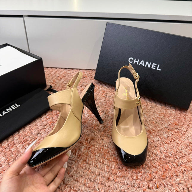 CHANEL 26S SQUARE TOE HIGH HEELS SLINGBACKS IN BEIGE LAMBSKIN WITH BLACK TOE