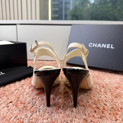 CHANEL 26S SQUARE TOE HIGH HEELS SLINGBACKS IN WHITE LAMBSKIN WITH BLACK TOE
