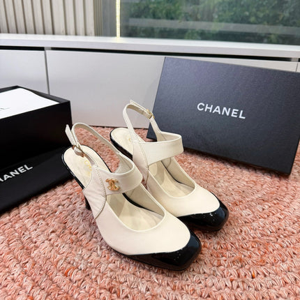 CHANEL 26S SQUARE TOE HIGH HEELS SLINGBACKS IN WHITE LAMBSKIN WITH BLACK TOE