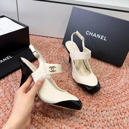 CHANEL 26S SQUARE TOE HIGH HEELS SLINGBACKS IN WHITE LAMBSKIN WITH BLACK TOE