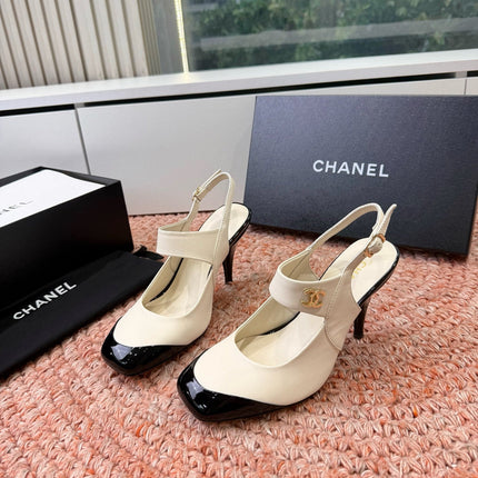 CHANEL 26S SQUARE TOE HIGH HEELS SLINGBACKS IN WHITE LAMBSKIN WITH BLACK TOE