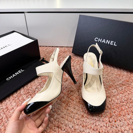 CHANEL 26S SQUARE TOE HIGH HEELS SLINGBACKS IN WHITE LAMBSKIN WITH BLACK TOE
