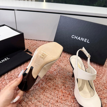 CHANEL 26S SQUARE TOE HIGH HEELS SLINGBACKS IN WHITE LAMBSKIN WITH BLACK TOE