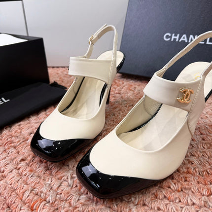 CHANEL 26S SQUARE TOE HIGH HEELS SLINGBACKS IN WHITE LAMBSKIN WITH BLACK TOE
