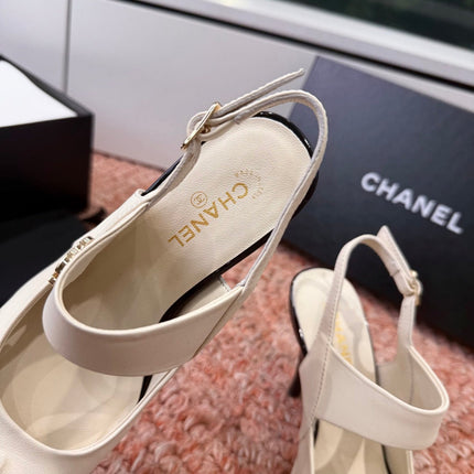 CHANEL 26S SQUARE TOE HIGH HEELS SLINGBACKS IN WHITE LAMBSKIN WITH BLACK TOE