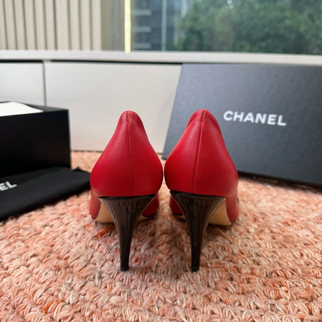 CHANEL 26S SQUARE TOE HIGH HEELS IN RED LAMBSKIN WITH BLACK TOE