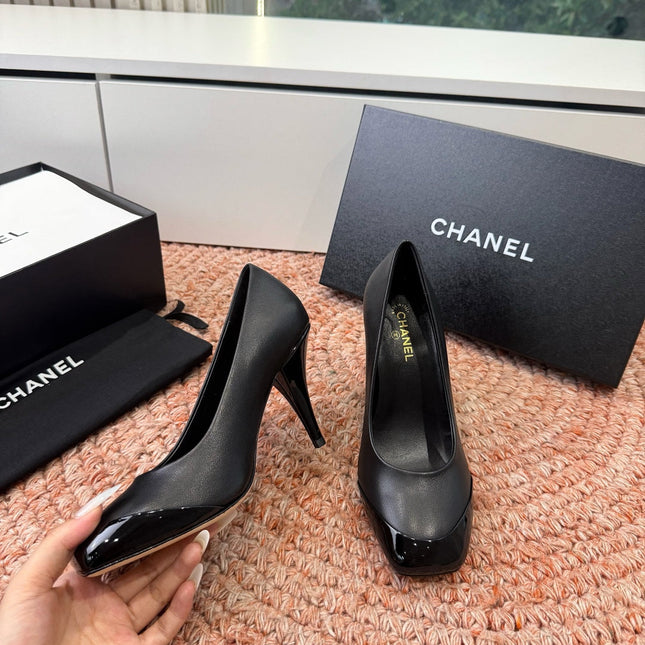 CHANEL 26S SQUARE TOE HIGH HEELS IN BLACK LAMBSKIN